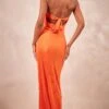 Orange Plisse Bandeau Cowl Back Maxi Dress