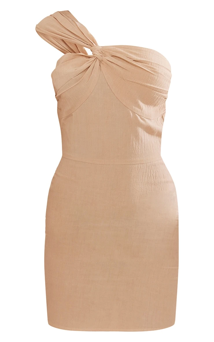 Stone Linen Look One Shoulder Knot Detail Bodycon Dress 7 Stone Linen Look One Shoulder Knot Detail Bodycon Dress - Image 5