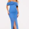 Blue Textured Bardot Asymmetric Ruched Midaxi Dress -Cheap Dress Store 01229ce998898af62054f93e2e4dfe1e83885dc6 cnd7629 1