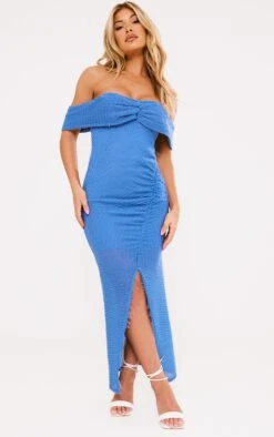 Blue Textured Bardot Asymmetric Ruched Midaxi Dress