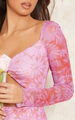 Hot Pink Floral Print Mesh Tie Front Cut Out Bodycon Dress -Cheap Dress Store 013861f0aeca9911bd327a33dc00625468217c1d cnd6091 4
