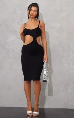 Black Extreme Cut Out Knitted Midi Dress