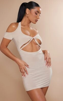 Stone Slinky Twist Detail Halter Tie Bodycon Dress