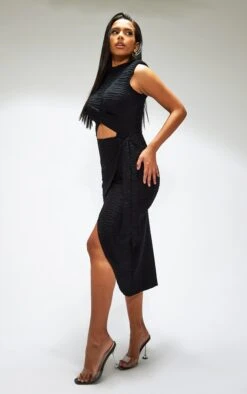 Black Textured High Neck Cross Waist Wrap Midi Dress -Cheap Dress Store 036a39b6065111c59c04556bd94d4a37cd44e2ed cnb7301 3
