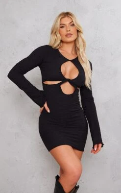 Black Textured Cut Out Flared Sleeve Bodycon Dress