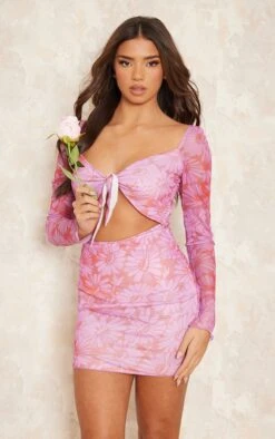 Hot Pink Floral Print Mesh Tie Front Cut Out Bodycon Dress -Cheap Dress Store 045e4d4a58dc43d0671cbf076c06ebef1611e96a cnd6091 1