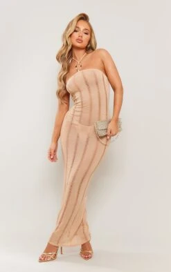 Stone Textured Laddered Trim Detail Halter Maxi Dress