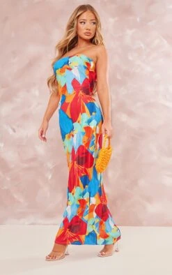 Multi Floral Abstract Print Plisse Bandeau Cowl Back Maxi Dress