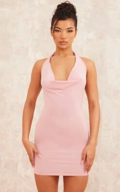 Blush Slinky Cowl Lettuce Hem Detail Halter Bodycon Dress