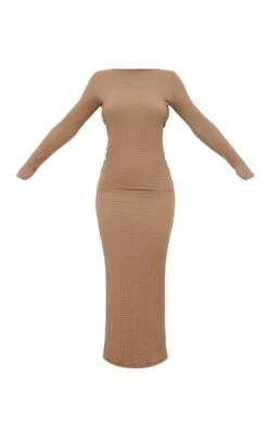 Taupe Textured Long Sleeve Open Back Midi Dress -Cheap Dress Store 083330df2110f773e094f02aba3044e3287abaf7 cnd4027 5