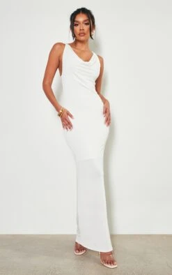 Cream Slinky Cowl Knot Back Detail Maxi Dress