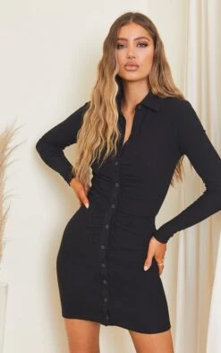 Black Brushed Rib Ruched Long Sleeve Shirt Dress