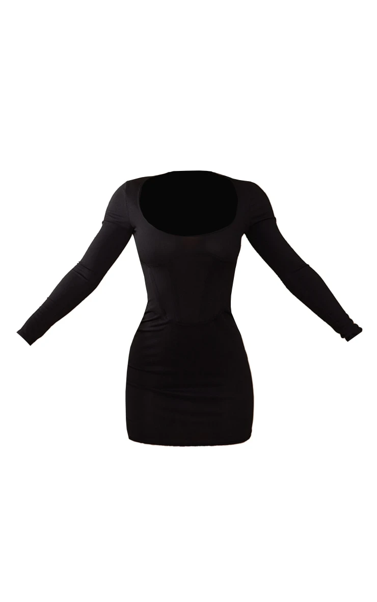 Black Rib Corset Seam Square Neck Mini Bodycon Dress 7 Black Rib Corset Seam Square Neck Mini Bodycon Dress - Image 5