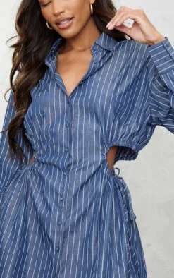 Dark Blue Stripe Cut Out Ruched Waist Detail Shirt Dress -Cheap Dress Store 09364b671a978a590037fe9080c299b3a5d50dba cnd4048 4