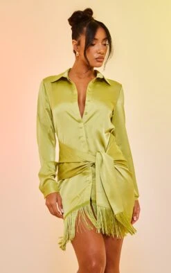 Lime Satin Drape Detail Tassel Hem Shirt Dress
