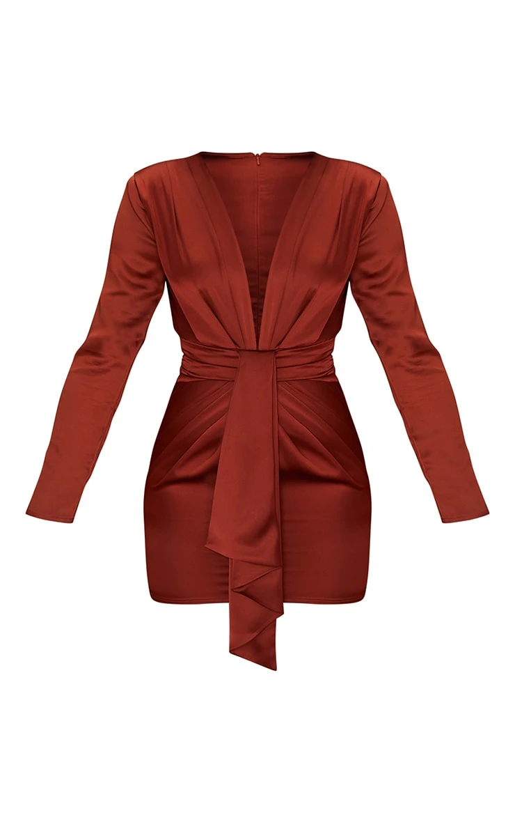 Rust Satin Long Sleeve Drape Detail Plunge Bodycon Dress 7 Rust Satin Long Sleeve Drape Detail Plunge Bodycon Dress - Image 5