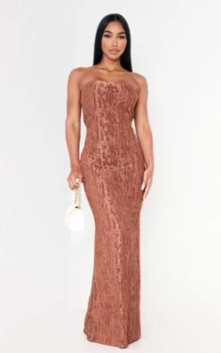 Chocolate Brown Textured Metallic Bandeau Cowl Back Maxi Dress