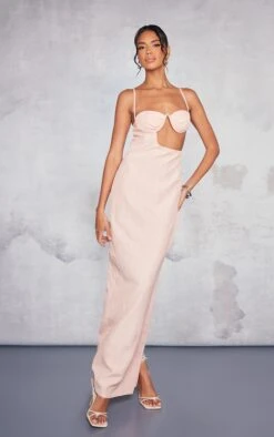 Orange Linen Look Underwired Side Cut Out Strappy Maxi Dress