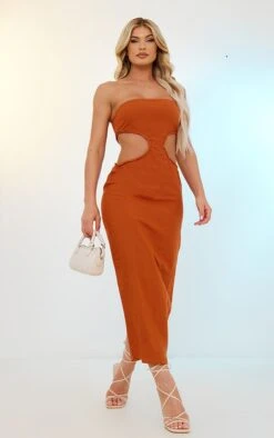Rust Linen Bandeau Side Cut Out Maxi Dress