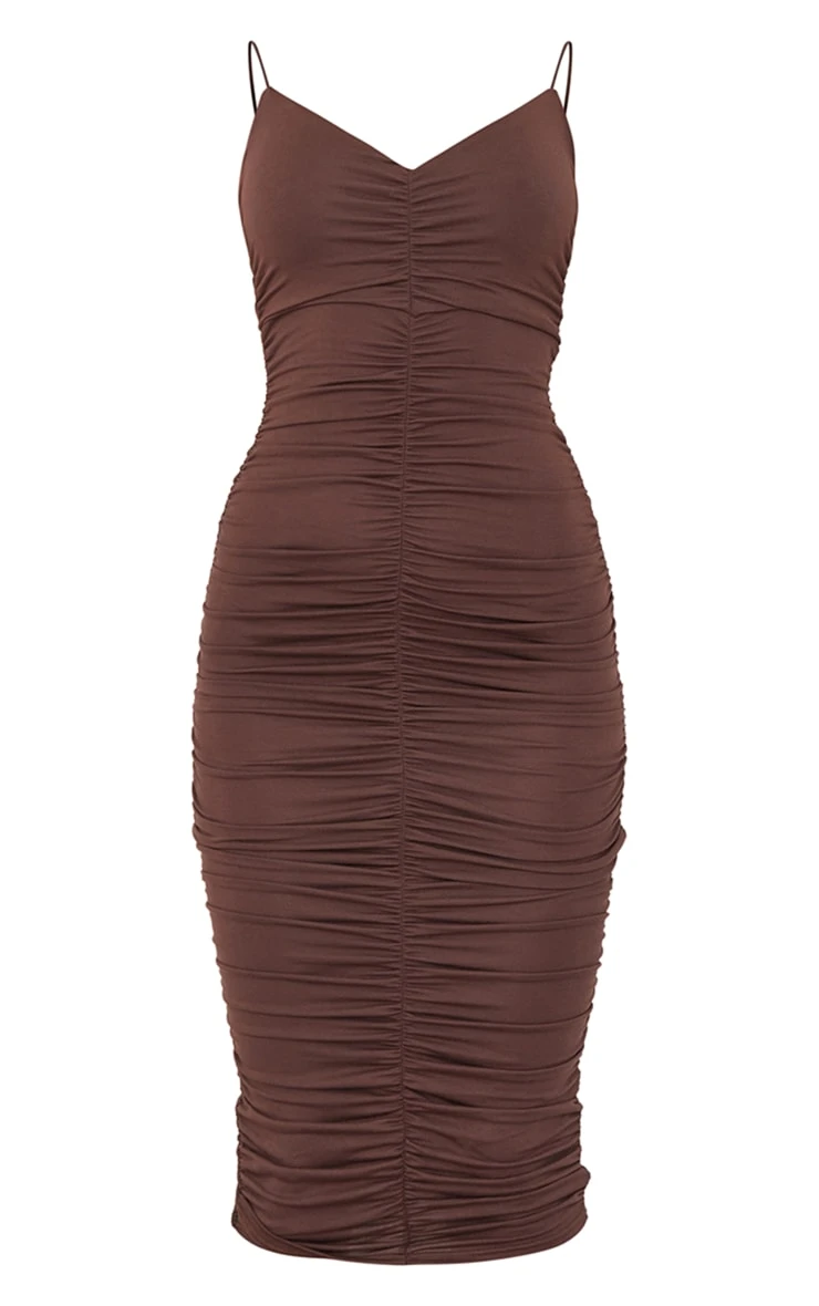 Chocolate Extreme Ruched Spaghetti Midi Dress 7 Chocolate Extreme Ruched Spaghetti Midi Dress - Image 5