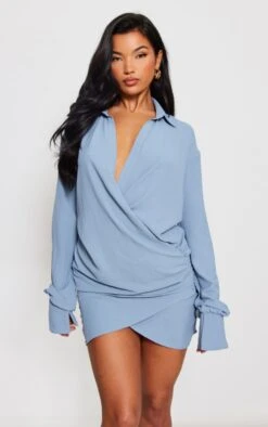 Light Blue Textured Woven Extreme Plunge Bell Cuff Shirt Dress