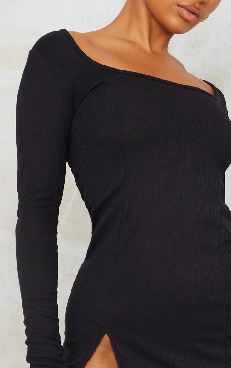 Black Rib Split Hem Square Neck Long Sleeve Bodycon Dress 6 Black Rib Split Hem Square Neck Long Sleeve Bodycon Dress - Image 4