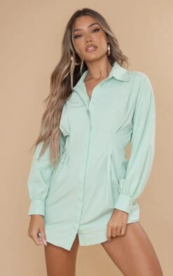 Sage Khaki Fitted Waist Long Sleeve Shirt Dress