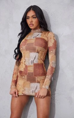 Brown Denim Print Ruched Sleeve Mesh Bodycon Dress