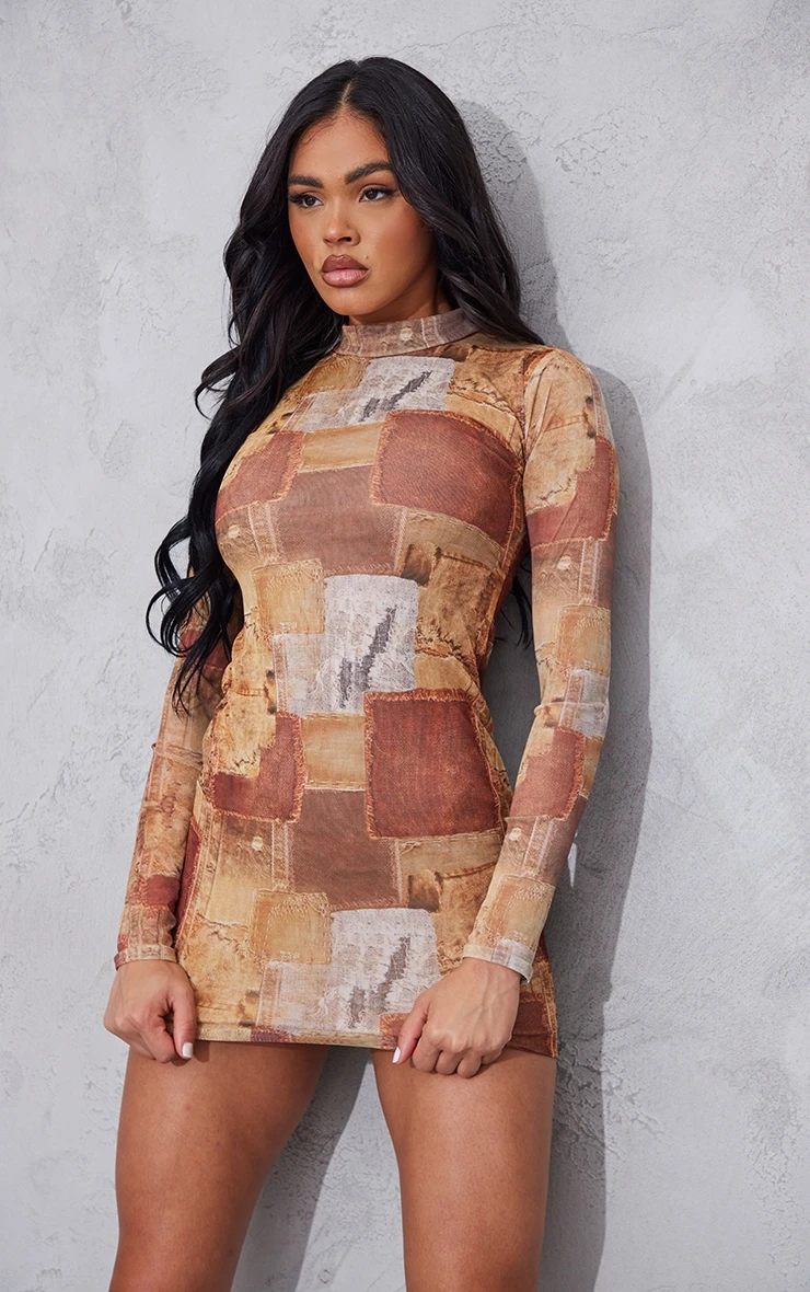 Brown Denim Print Ruched Sleeve Mesh Bodycon Dress 3 Brown Denim Print Ruched Sleeve Mesh Bodycon Dress