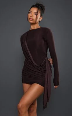 Chocolate Slinky Drape Detail Shoulder Pad Bodycon Dress