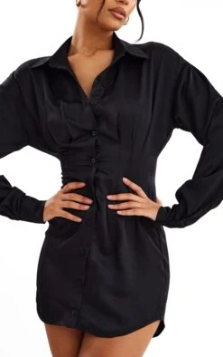 Black Satin Fitted Waist Shirt Dress -Cheap Dress Store 1c40fc8535330ae1df00483397f01369cd34749e cnc7697 4
