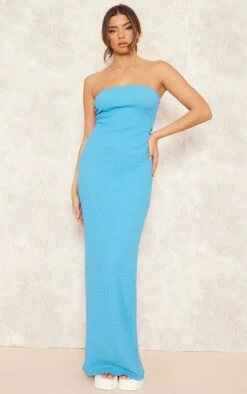 Blue Textured Detail Bandeau Maxi Dress