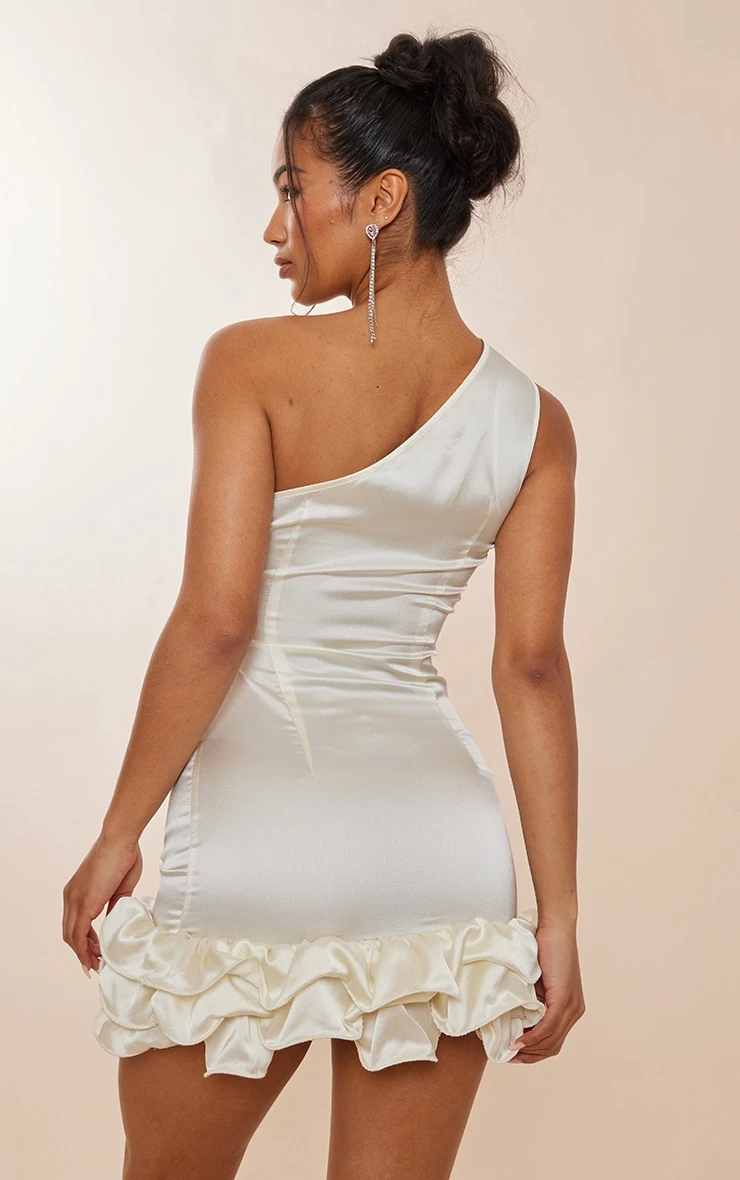 Cream Satin One Shoulder Frill Hem Bodycon Dress 4 Cream Satin One Shoulder Frill Hem Bodycon Dress - Image 2