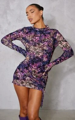 Multi Flocked Mesh Ruched Long Sleeve Bodycon Dress