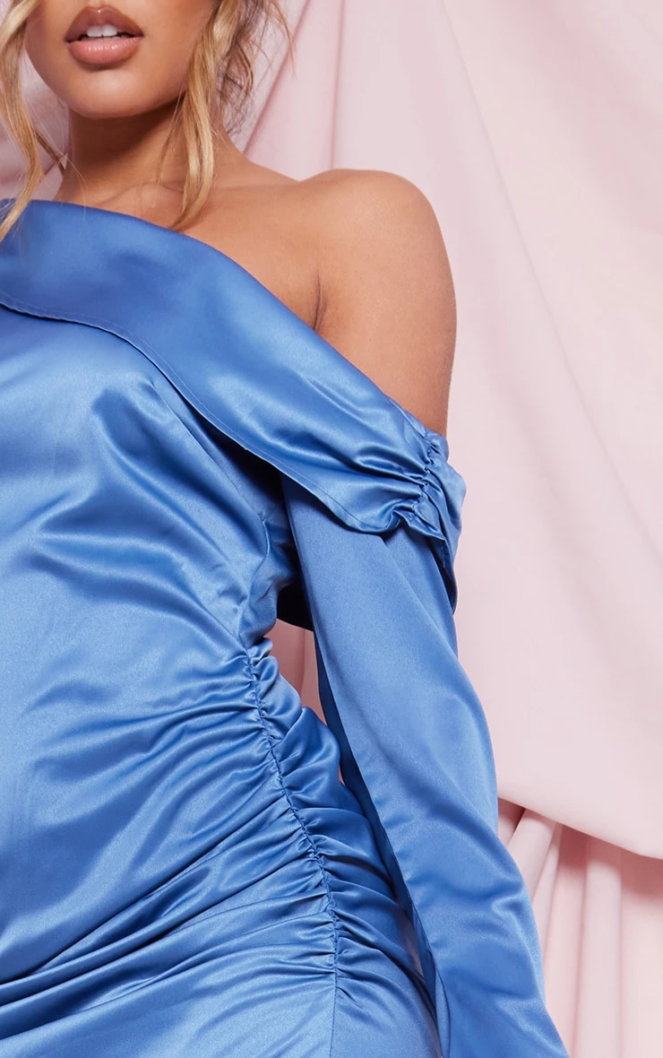 Blue Satin One Shoulder Drape Bodycon Dress 6 Blue Satin One Shoulder Drape Bodycon Dress - Image 4