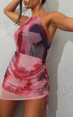 Pink Abstract Print Halterneck Mesh Layered Bodycon Dress -Cheap Dress Store 1e2b51a0e9e476bfdfe65c4f7c59ea25e4b25fe7 cmr9492 5