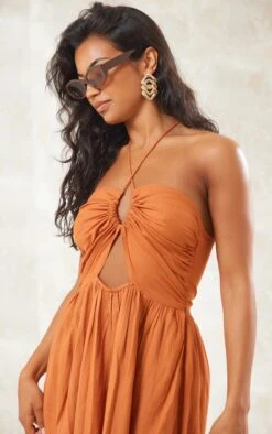 Rust Linen Look Halterneck Plunge Maxi Dress -Cheap Dress Store 1e590df1cd4d3d16c20a64ac8170a020b8f3efc4 cnd8845 4