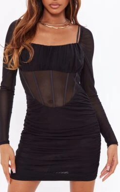 Black Mesh Corset Detail Ruched Bust Bodycon Dress -Cheap Dress Store 20644a2a5525b38b919cf4adf27da2c3c9f40273 cnd2215 4
