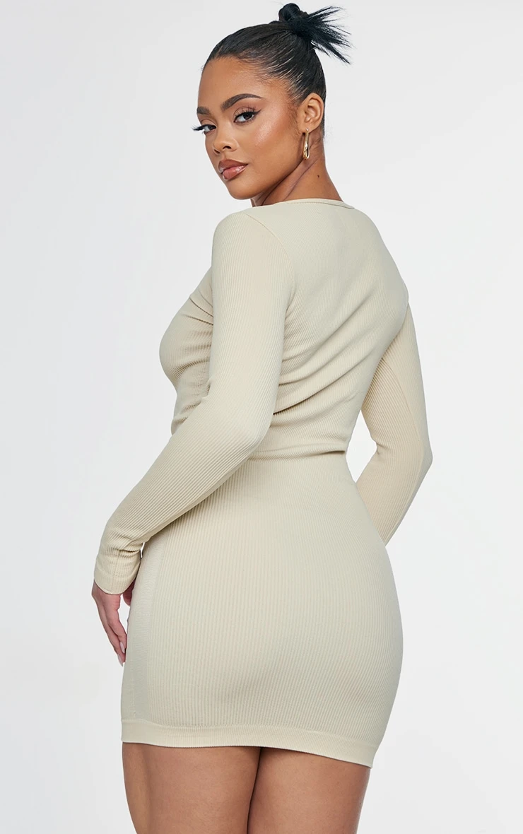 Desert Sand Structured Contour Rib Ruched Bodycon Dress 4 Desert Sand Structured Contour Rib Ruched Bodycon Dress - Image 2