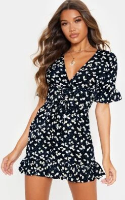 Navy Ditsy Floral Print Corset Swing Dress