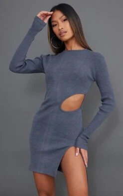 Charcoal Washed Rib Split Hem Bodycon Dress