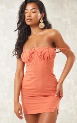 Orange Linen Look Underwired Bust Detail Strappy Bodycon Dress -Cheap Dress Store 28a546c2b5674801d0222d27af86de97b0caebdf cne1394 4