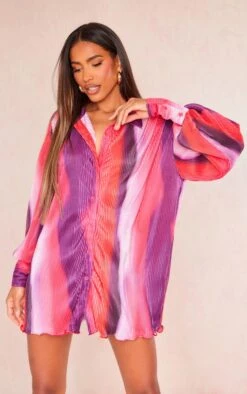 Pink Ombre Print Plisse Frill Hem Shirt Dress