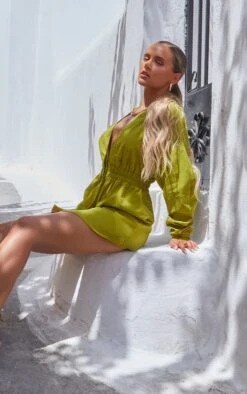 Olive Oversized Ruched Waist Shirt Dress -Cheap Dress Store 29d53405befab0de656bfdbeadfb269afcbb3933 CMS9355 4