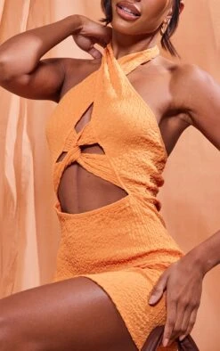 Orange Textured Halter Twist Detail Bodycon Dress -Cheap Dress Store 2a709e8771b9e4cecc793e8b77b76f25b66c642f cnd5890 4