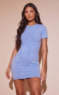 Blue Acid Wash Cotton Corset Seam Detail Bodycon Dress