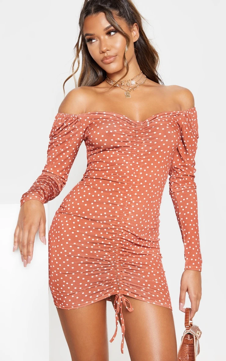 Terracotta Polka Dot Print Ruched Front Long Sleeve Bodycon Dress 5 Terracotta Polka Dot Print Ruched Front Long Sleeve Bodycon Dress - Image 3