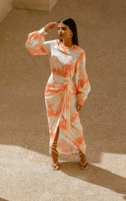 Orange Watercolour Print Tassel Tie Wrap Maxi Dress