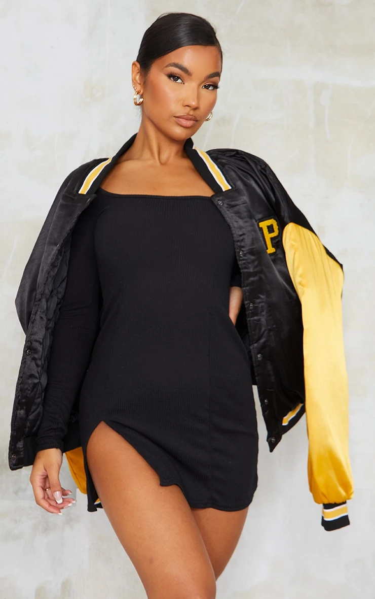 Black Rib Split Hem Square Neck Long Sleeve Bodycon Dress 5 Black Rib Split Hem Square Neck Long Sleeve Bodycon Dress - Image 3