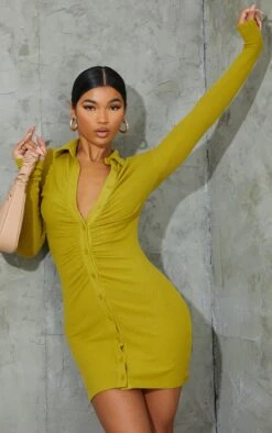 Chartreuse Brushed Rib Long Sleeve Ruched Shirt Dress